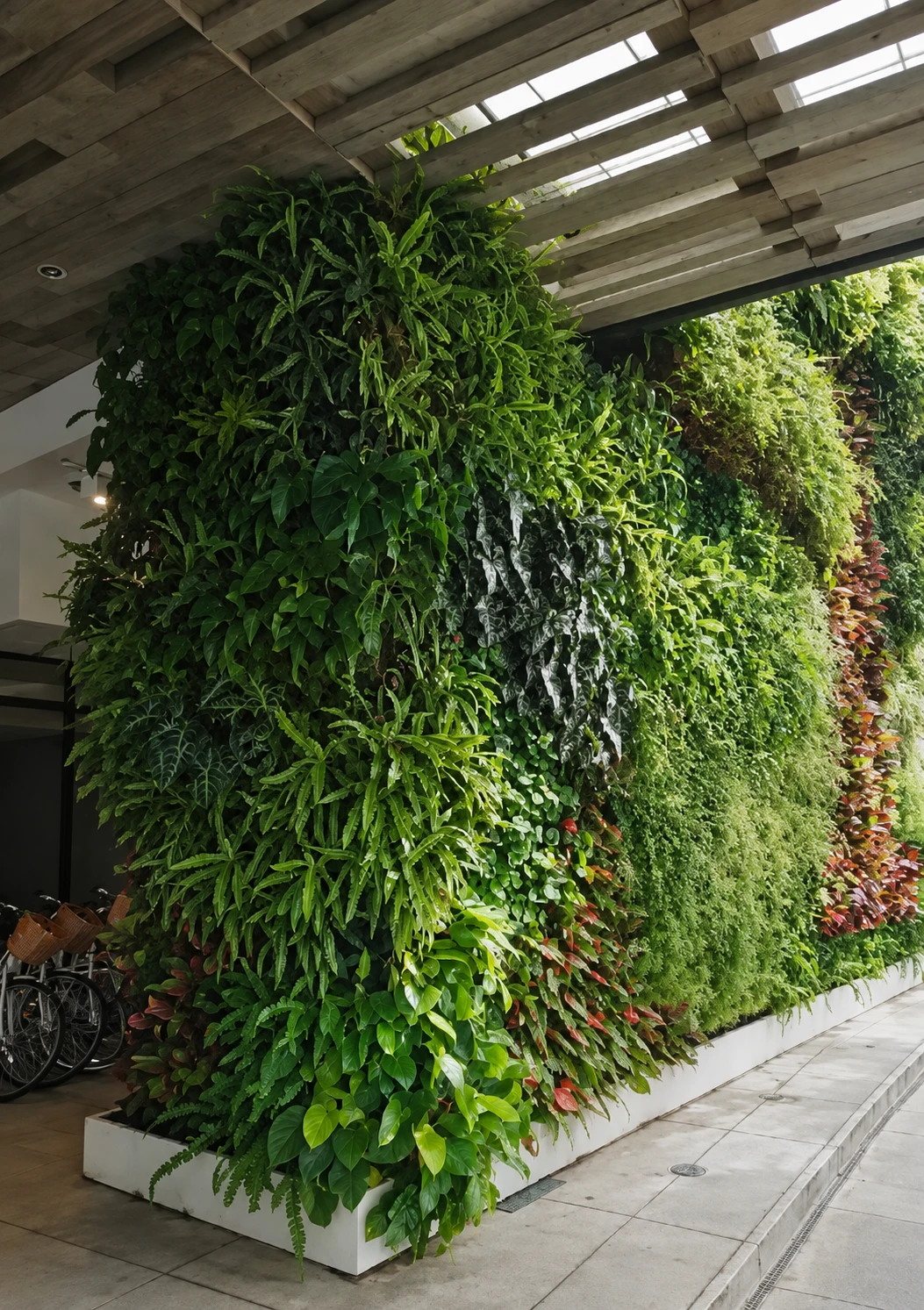 Lush living green wall beneath a garden pergola