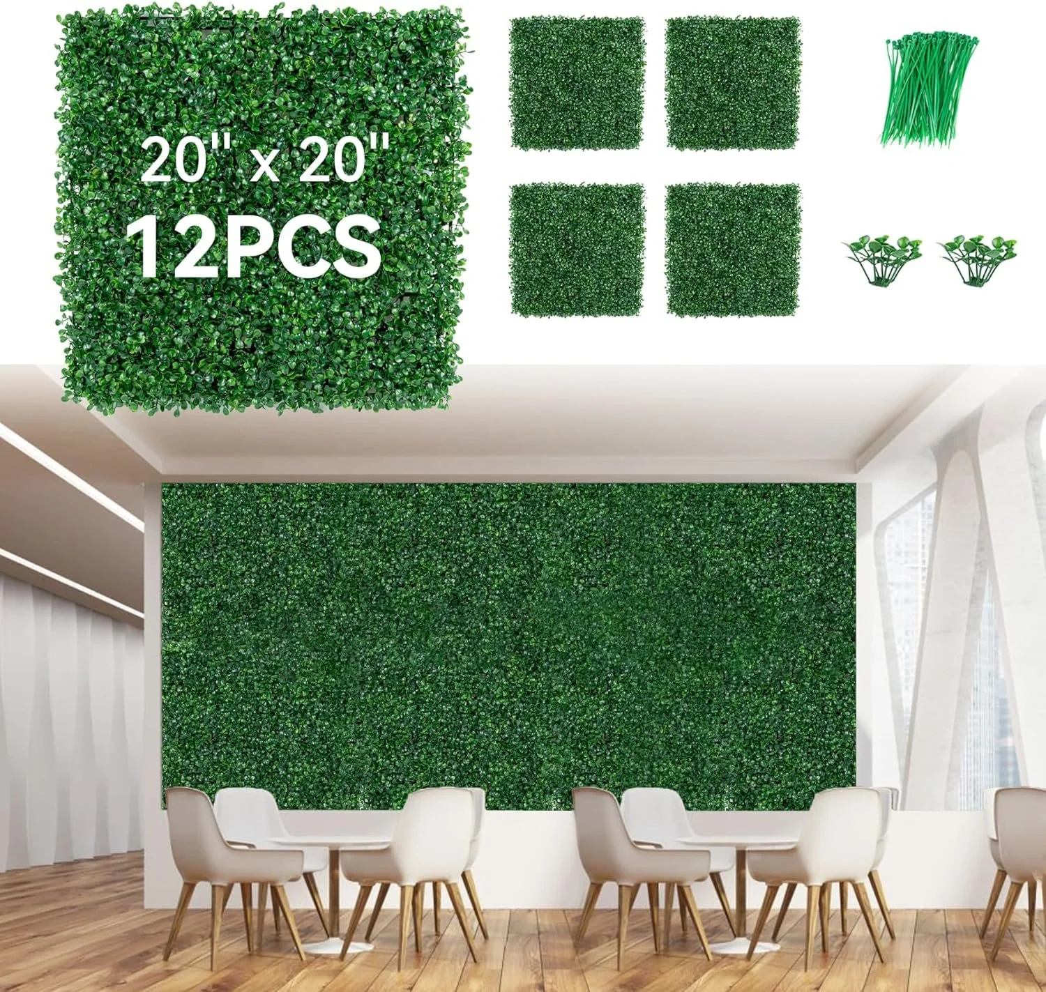 12 PCS 20″x20″ Grass Wall Privacy Screen Greenery Backdrop Panels with Zip Ties,Artificial Boxwood Grass Panels Hedge Wall for Garden Yard Fence Covering Greenery Wall Background Decor