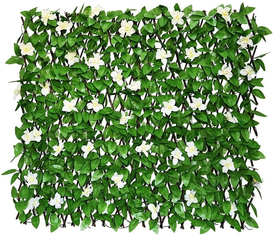 Expandable Fence Privacy Screen for Balcony Patio Outdoor,Decorative Faux Ivy Fencing Panel,Artificial Hedges (Single Sided Leaves) (2, White Flowers)